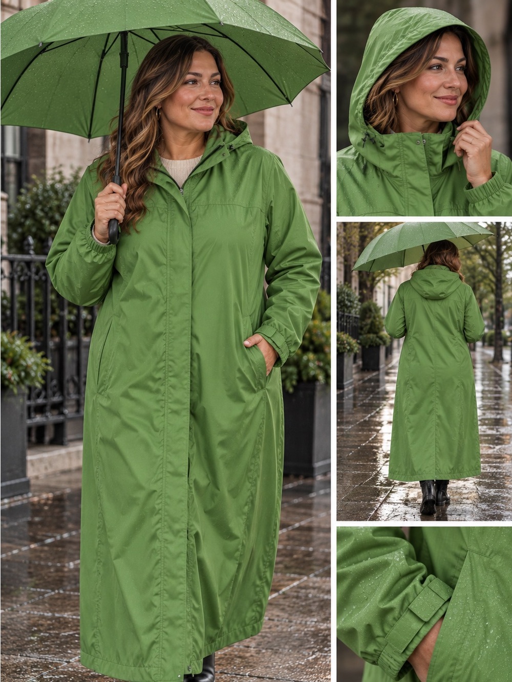 LL Bean Women's Long Raincoat with Hood - Green